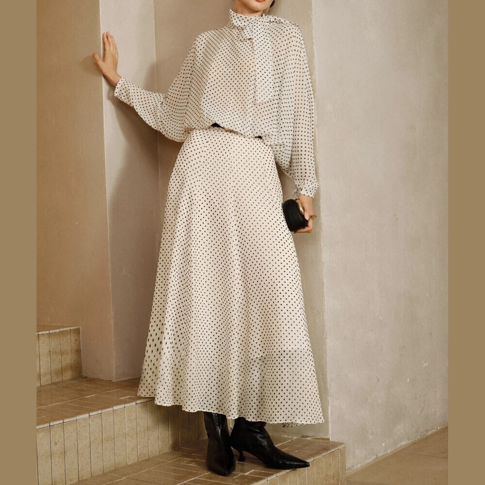 Ivory Polka Dot Tie Neck Blouse and A-Line Maxi Skirt Two Piece Set
